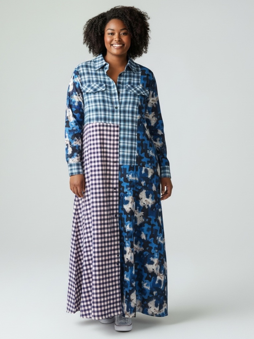 Patchwork Plaid & Print Maxi Shirt Dress - Blue